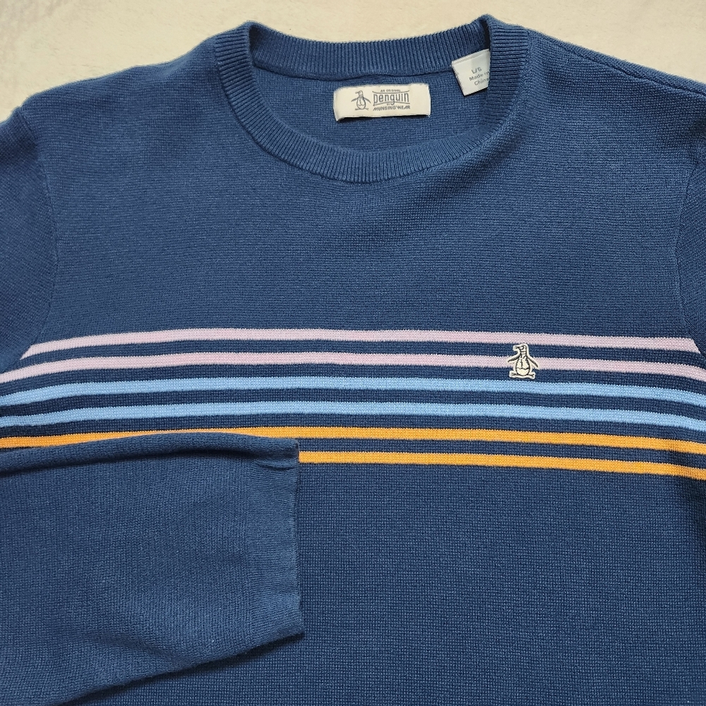 ORIGINAL PENGUIN Men's Crewneck Pullover Sweater Poseidon Blue Stripe Large - Picture 3 of 10